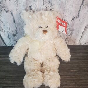 GUND Corin New 12" Plush Teddy Bear Toy W/ Cream Colored Sheer Bow TAGS